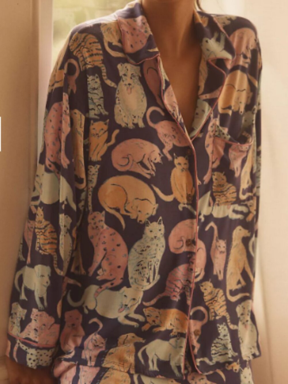 NWT Anthropologie LyreBird ModaLuxe Cat Print Pajama Shirt Medium Soft Modal